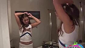 A cute small breasted Random amatuer cheerleader strips for upskirt and pussy eating