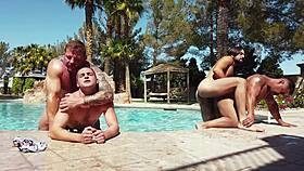 Muscular hunk Johnny and trans beauty Colby Jansen in a hot pool scene
